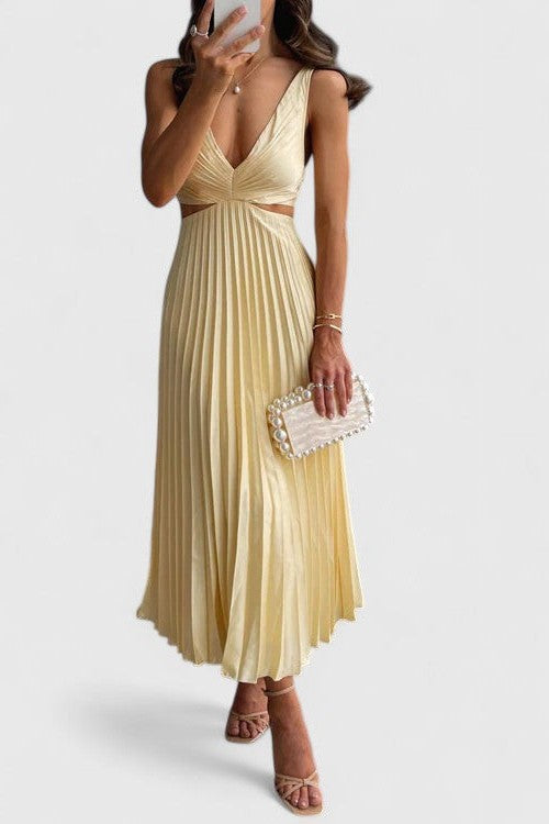 Elegant Cream Satin Maxi Dress for Women with V Neck Sleeveless Pleated Flowing Cocktail Style