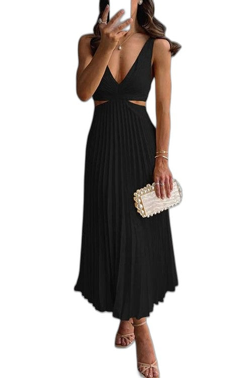 Elegant Cream Satin Maxi Dress for Women with V Neck Sleeveless Pleated Flowing Cocktail Style