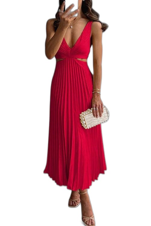 Elegant Cream Satin Maxi Dress for Women with V Neck Sleeveless Pleated Flowing Cocktail Style