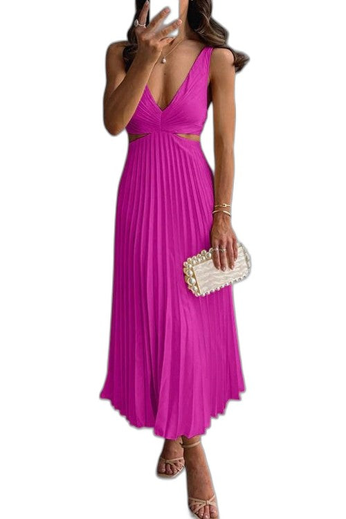 Elegant Cream Satin Maxi Dress for Women with V Neck Sleeveless Pleated Flowing Cocktail Style