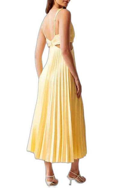 Elegant Cream Satin Maxi Dress for Women with V Neck Sleeveless Pleated Flowing Cocktail Style