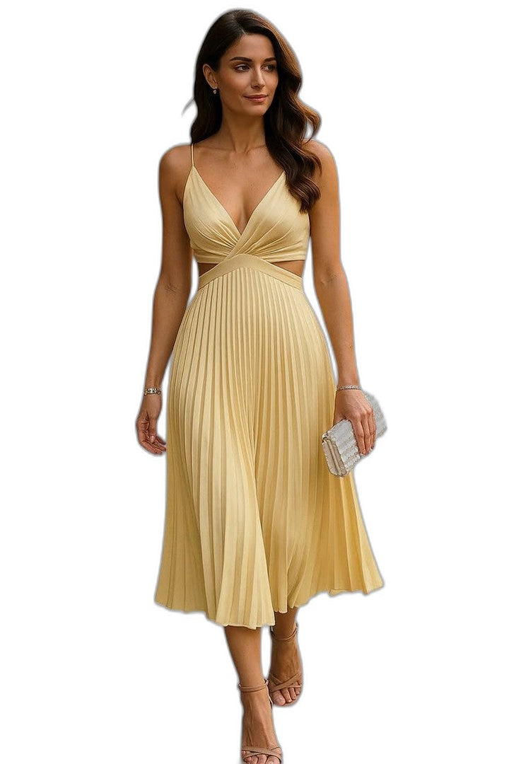 Elegant Cream Satin Maxi Dress for Women with V Neck Sleeveless Pleated Flowing Cocktail Style