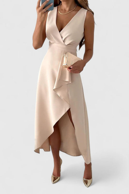 Elegant Cream Satin Midi Dress for Women with V Neck Sleeveless Wrap Ruffle Cocktail Style