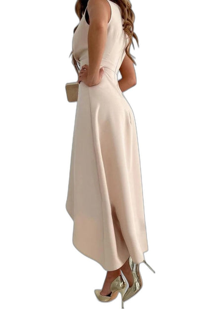 Elegant Cream Satin Midi Dress for Women with V Neck Sleeveless Wrap Ruffle Cocktail Style