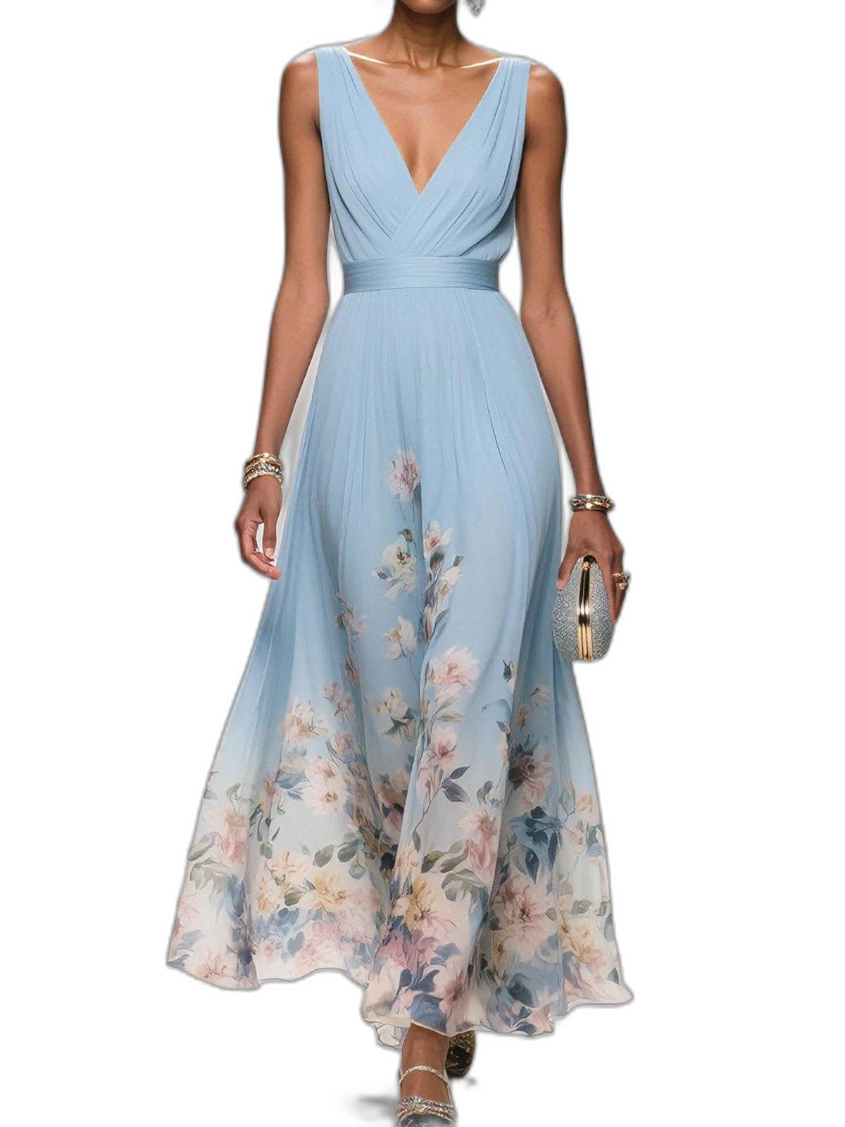 Elegant Floral Maxi Dress for Women with Chiffon V Neck Sleeveless A Line Flowing Formal Wedding Guest Style