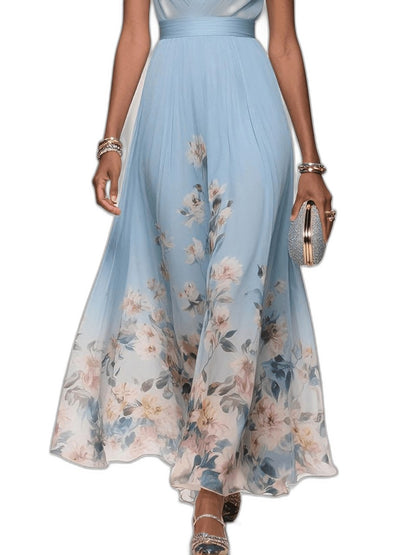 Elegant Floral Maxi Dress for Women with Chiffon V Neck Sleeveless A Line Flowing Formal Wedding Guest Style