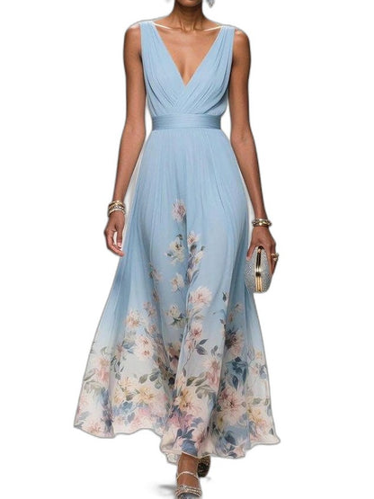 Elegant Floral Maxi Dress for Women with Chiffon V Neck Sleeveless A Line Flowing Formal Wedding Guest Style