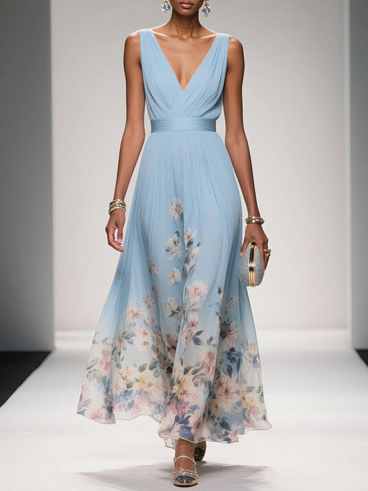 Elegant Floral Maxi Dress for Women with Chiffon V Neck Sleeveless A Line Flowing Formal Wedding Guest Style