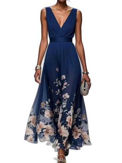 Elegant Floral Maxi Dress for Women with Chiffon V Neck Sleeveless A Line Flowing Formal Wedding Guest Style