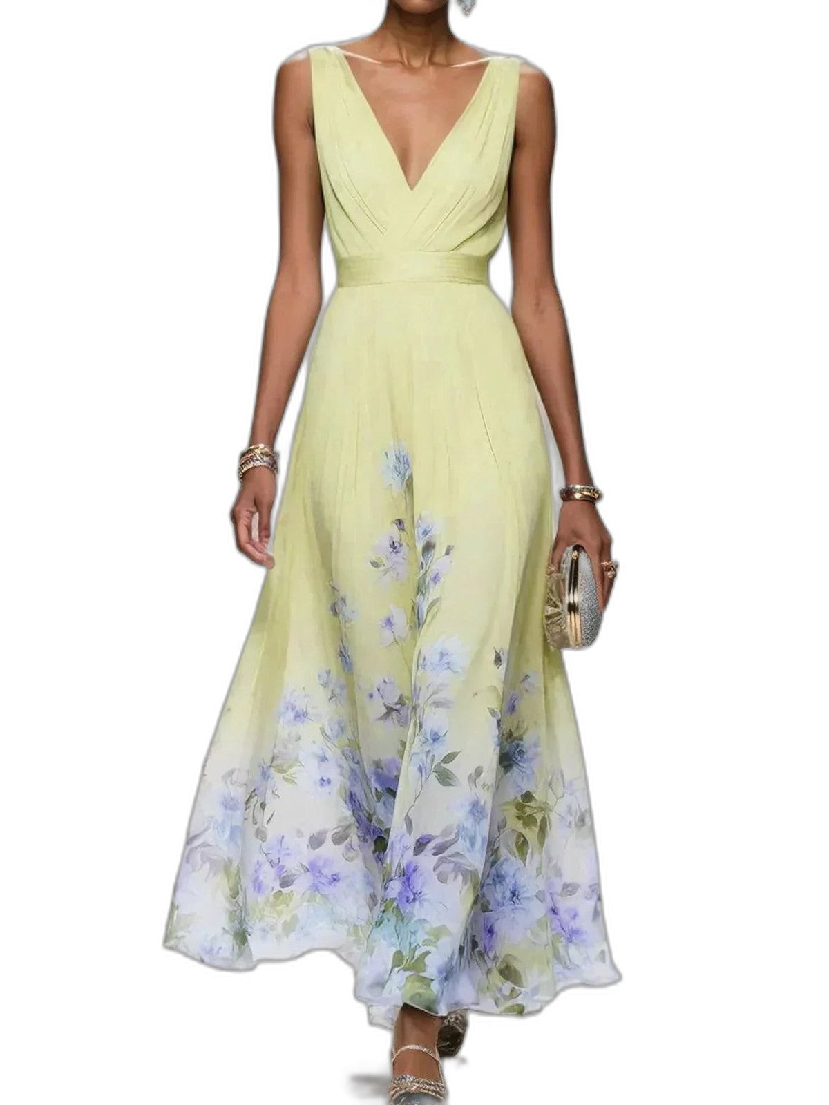 Elegant Floral Maxi Dress for Women with Chiffon V Neck Sleeveless A Line Flowing Formal Wedding Guest Style