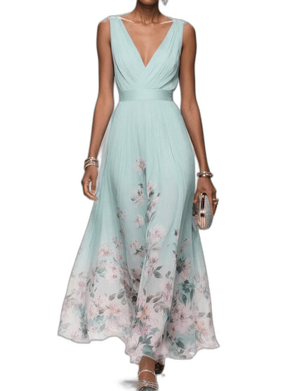 Elegant Floral Maxi Dress for Women with Chiffon V Neck Sleeveless A Line Flowing Formal Wedding Guest Style