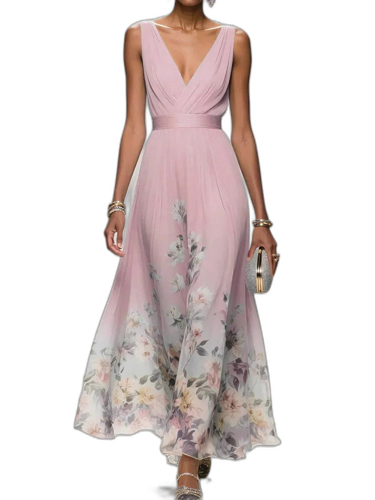Elegant Floral Maxi Dress for Women with Chiffon V Neck Sleeveless A Line Flowing Formal Wedding Guest Style