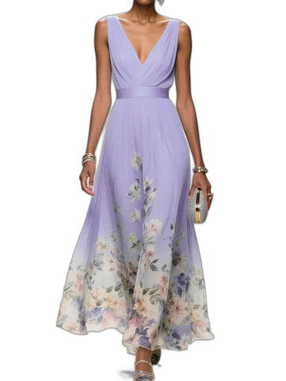 Elegant Floral Maxi Dress for Women with Chiffon V Neck Sleeveless A Line Flowing Formal Wedding Guest Style