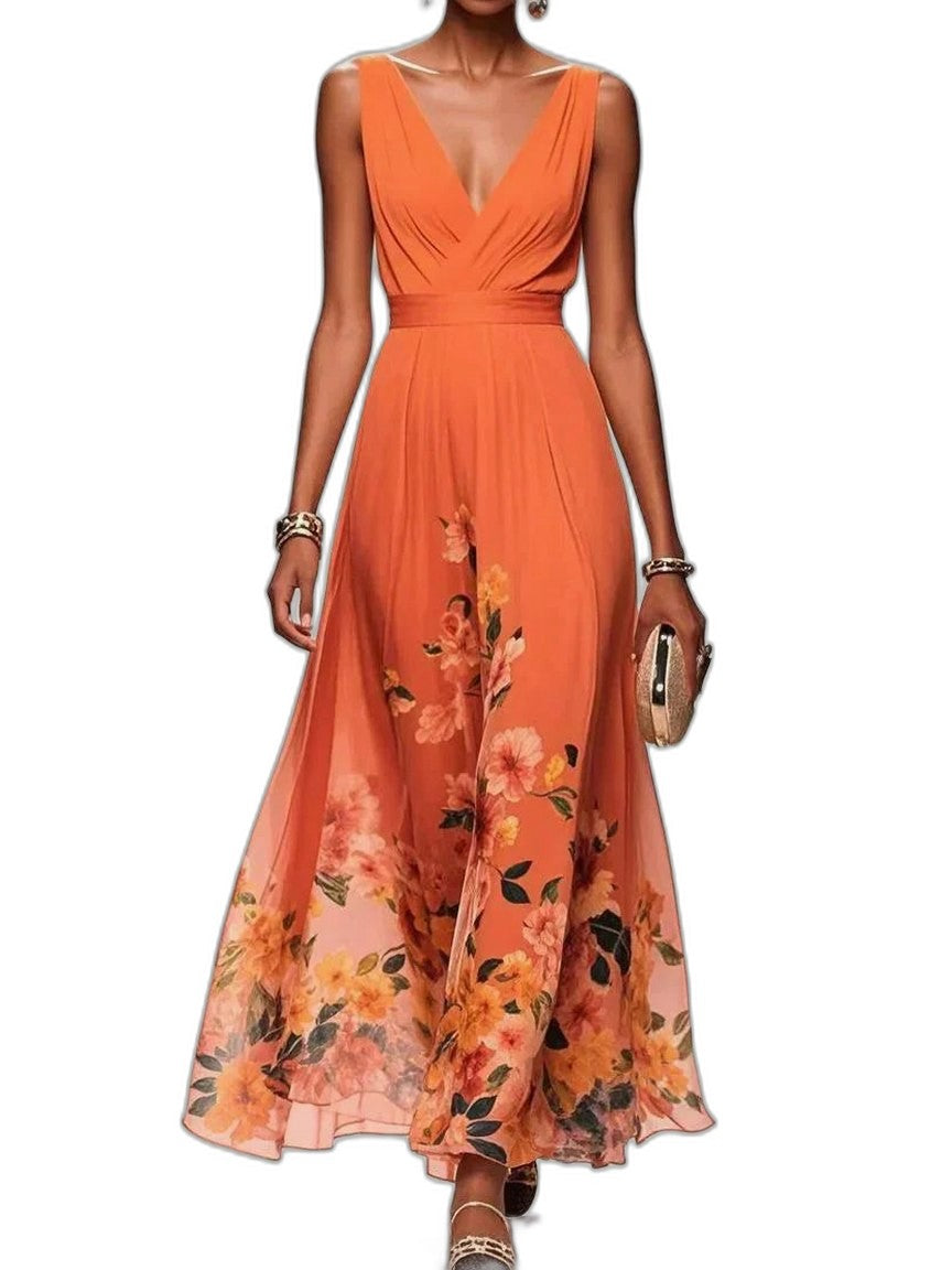 Elegant Floral Maxi Dress for Women with Chiffon V Neck Sleeveless A Line Flowing Formal Wedding Guest Style