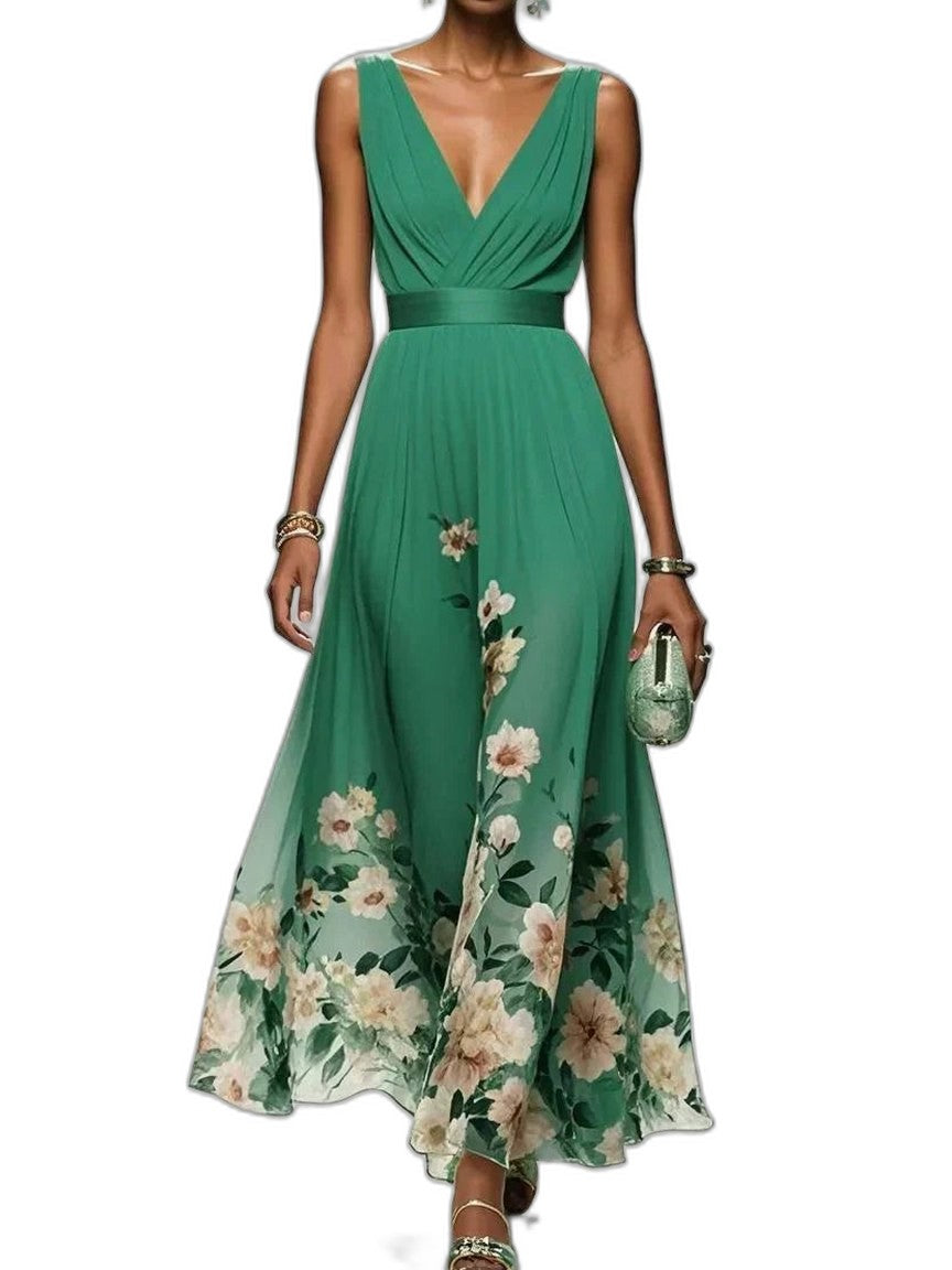Elegant Floral Maxi Dress for Women with Chiffon V Neck Sleeveless A Line Flowing Formal Wedding Guest Style