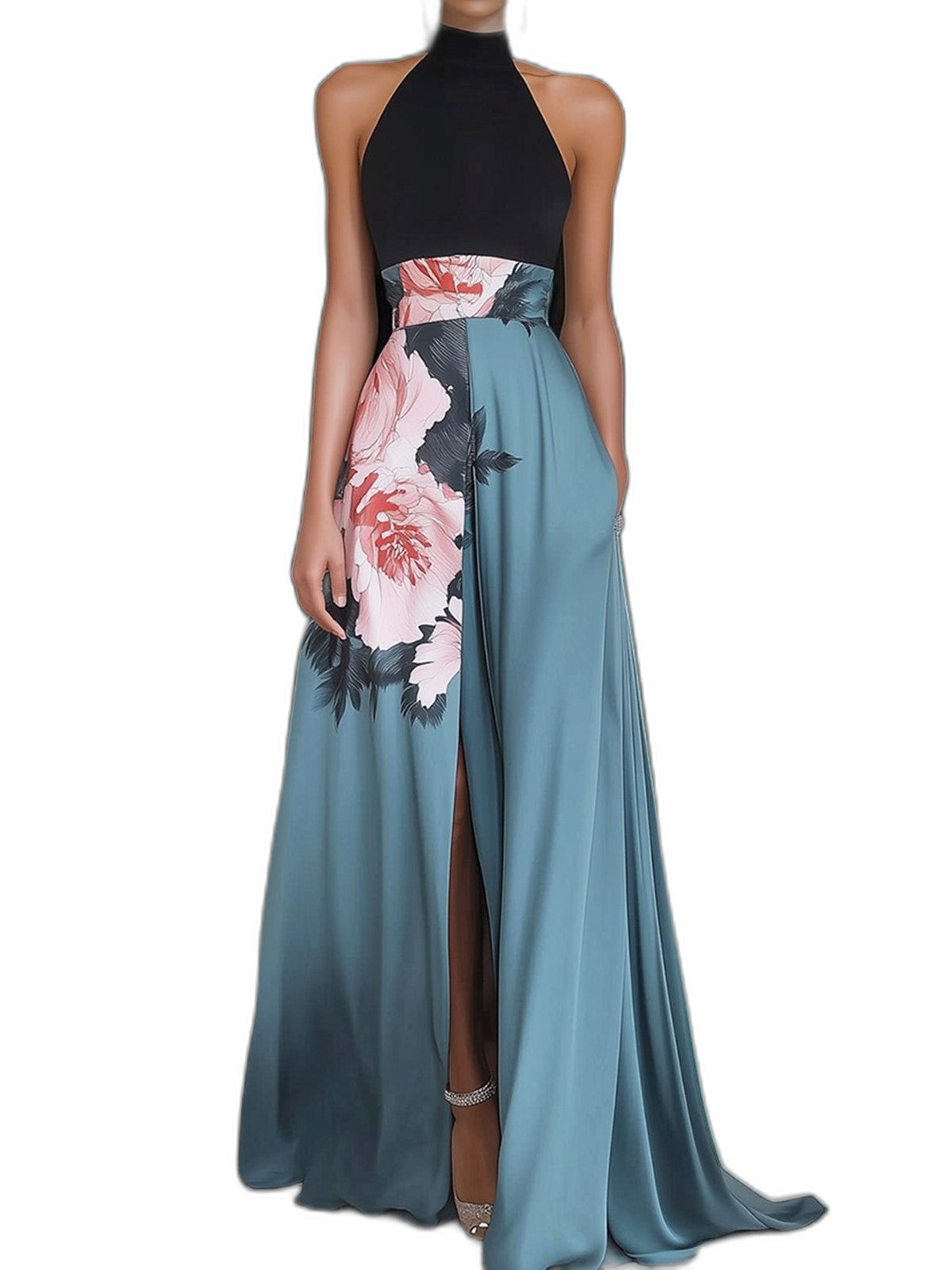 Elegant Floral Maxi Dress for Women with Crew Neck Sleeveless A Line Backless Party Style