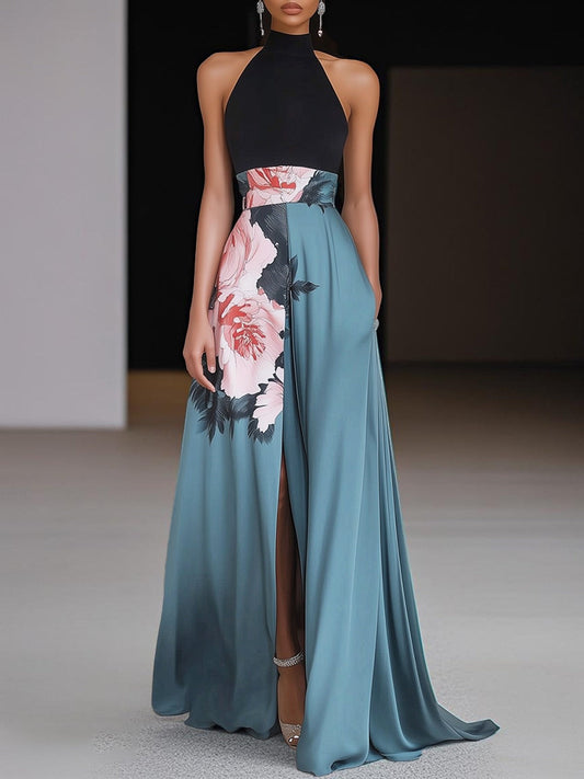 Elegant Floral Maxi Dress for Women with Crew Neck Sleeveless A Line Backless Party Style