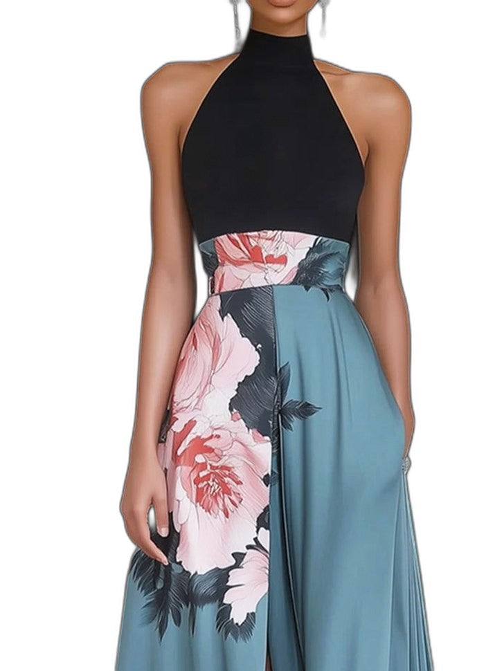 Elegant Floral Maxi Dress for Women with Crew Neck Sleeveless A Line Backless Party Style