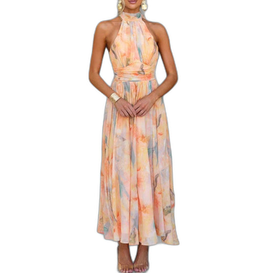 Elegant Floral Maxi Dress for Women with Halter Sleeveless A Line Flowing Formal Wedding Guest Style