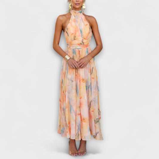 Elegant Floral Maxi Dress for Women with Halter Sleeveless A Line Flowing Formal Wedding Guest Style