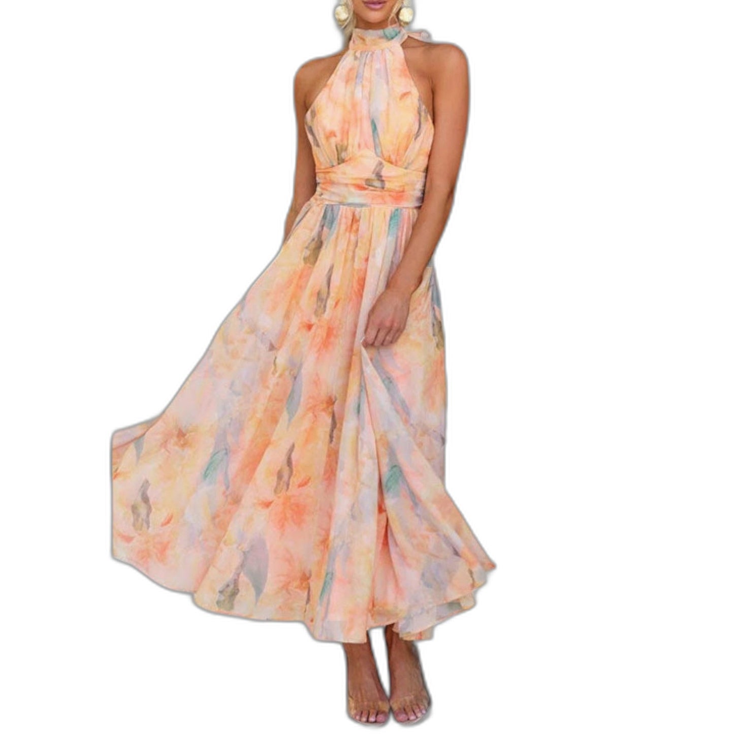 Elegant Floral Maxi Dress for Women with Halter Sleeveless A Line Flowing Formal Wedding Guest Style