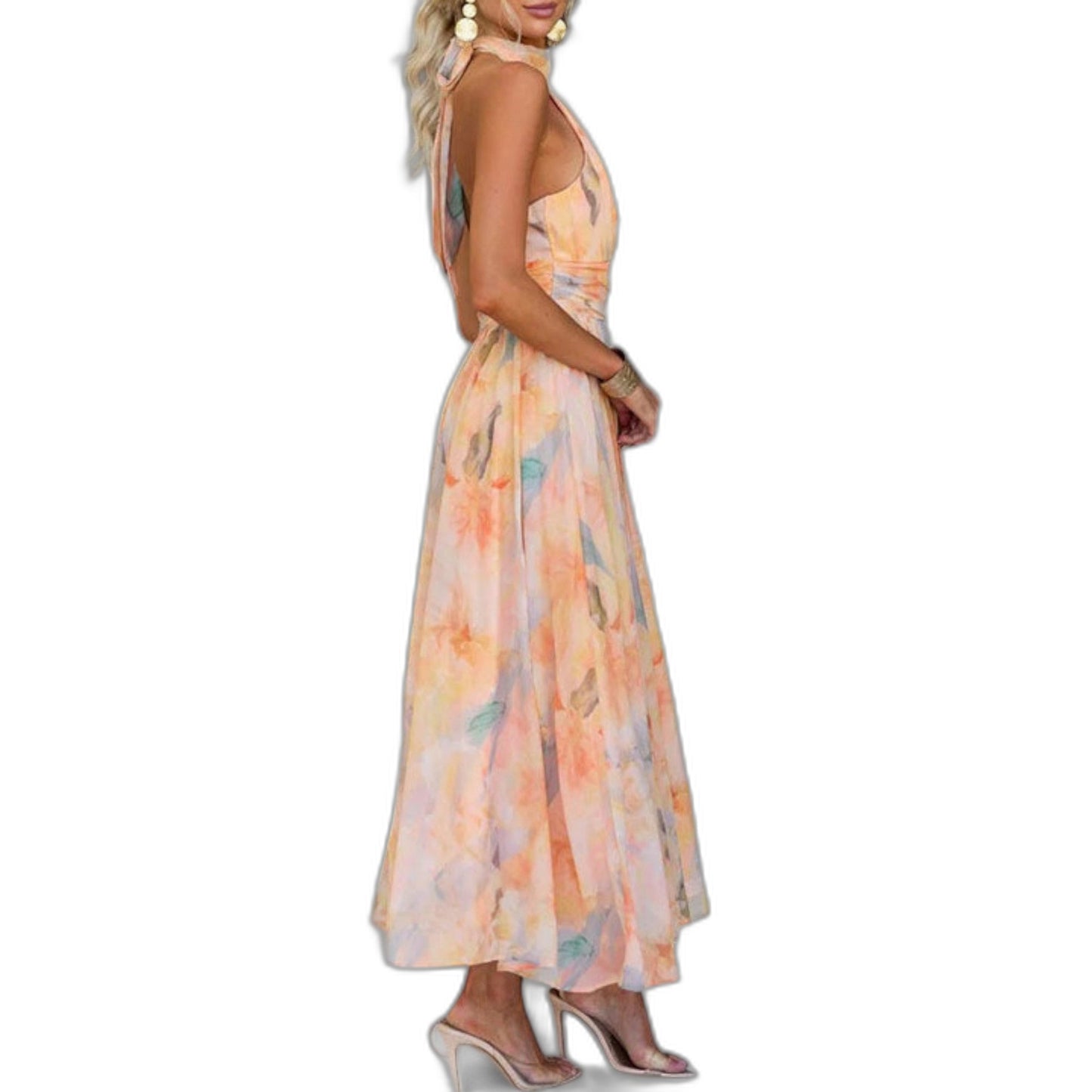 Elegant Floral Maxi Dress for Women with Halter Sleeveless A Line Flowing Formal Wedding Guest Style