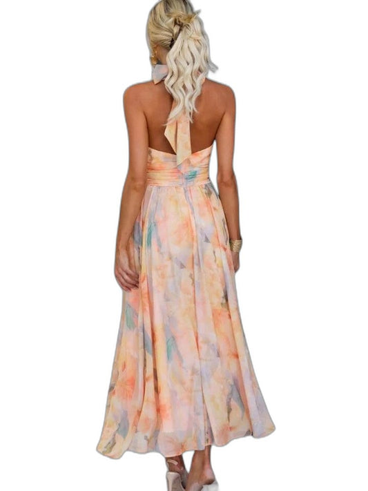 Elegant Floral Maxi Dress for Women with Halter Sleeveless Cutout Backless Flowing Party Style