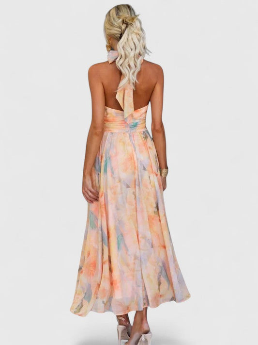 Elegant Floral Maxi Dress for Women with Halter Sleeveless Cutout Backless Flowing Party Style