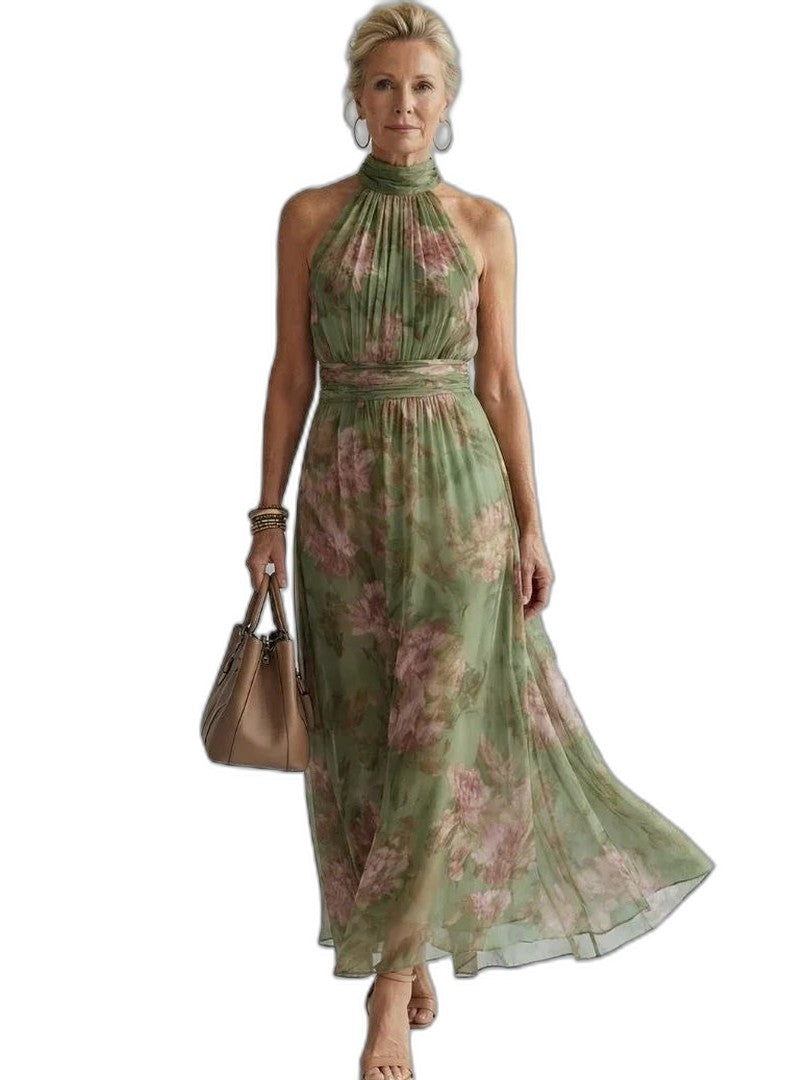 Elegant Floral Maxi Dress for Women with Halter Sleeveless Flowing Gathered Formal Wedding Guest Style