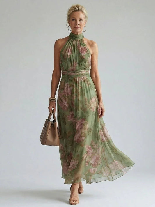 Elegant Floral Maxi Dress for Women with Halter Sleeveless Flowing Gathered Formal Wedding Guest Style