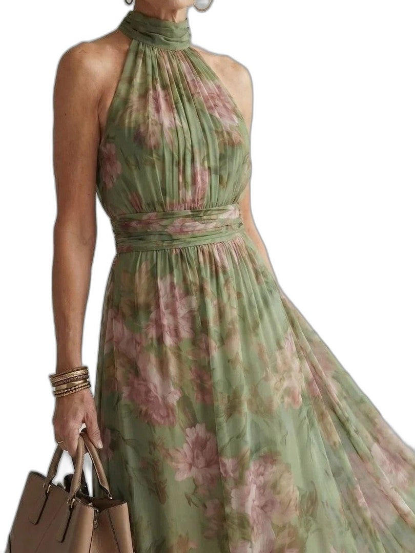 Elegant Floral Maxi Dress for Women with Halter Sleeveless Flowing Gathered Formal Wedding Guest Style