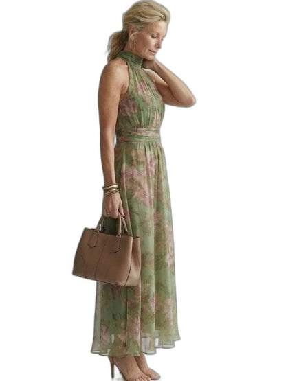 Elegant Floral Maxi Dress for Women with Halter Sleeveless Flowing Gathered Formal Wedding Guest Style