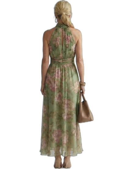 Elegant Floral Maxi Dress for Women with Halter Sleeveless Flowing Gathered Formal Wedding Guest Style