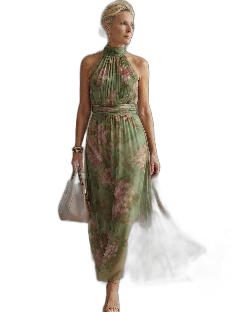 Elegant Floral Maxi Dress for Women with Halter Sleeveless Flowing Gathered Formal Wedding Guest Style
