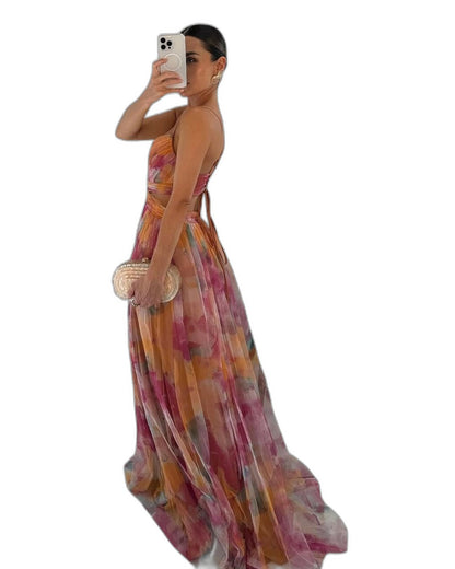 Elegant Floral Maxi Dress for Women with Halter Sleeveless Flowing Party Style