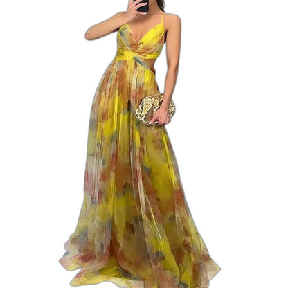 Elegant Floral Maxi Dress for Women with Halter Sleeveless Flowing Party Style