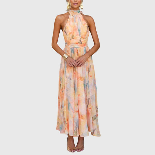 Elegant Floral Maxi Dress for Women with Halter Sleeveless Flowing Vacation Style
