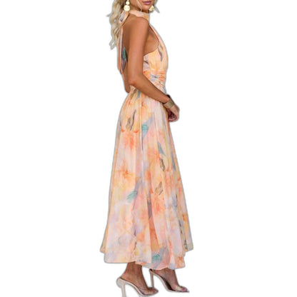 Elegant Floral Maxi Dress for Women with Halter Sleeveless Flowing Vacation Style