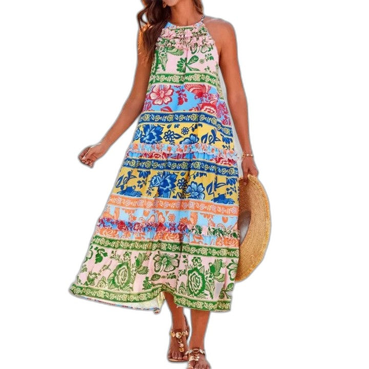 Elegant Floral Maxi Dress for Women with Halter Sleeveless Tiered Flowing Vacation Style