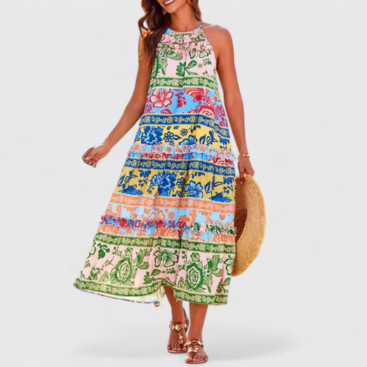Elegant Floral Maxi Dress for Women with Halter Sleeveless Tiered Flowing Vacation Style