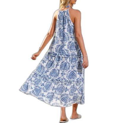 Elegant Floral Maxi Dress for Women with Halter Sleeveless Tiered Flowing Vacation Style