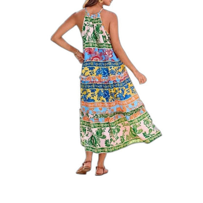 Elegant Floral Maxi Dress for Women with Halter Sleeveless Tiered Flowing Vacation Style