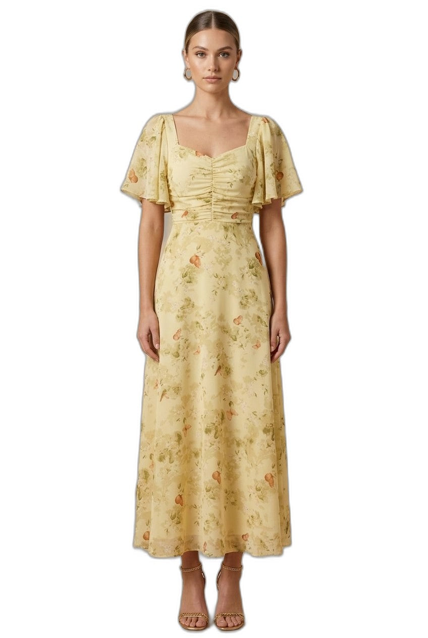 Elegant Floral Maxi Dress for Women with Square Neck Puff Sleeve Ruched Fit And Flare Formal Wedding Guest Style