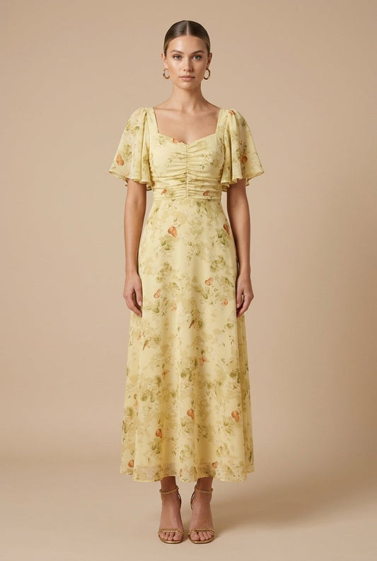 Elegant Floral Maxi Dress for Women with Square Neck Puff Sleeve Ruched Fit And Flare Formal Wedding Guest Style