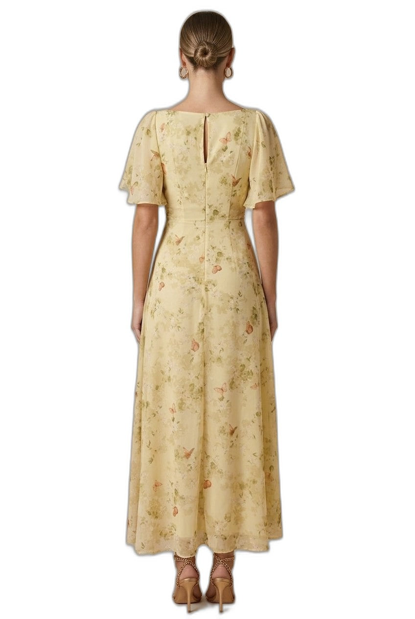 Elegant Floral Maxi Dress for Women with Square Neck Puff Sleeve Ruched Fit And Flare Formal Wedding Guest Style