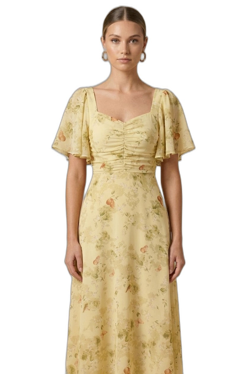 Elegant Floral Maxi Dress for Women with Square Neck Puff Sleeve Ruched Fit And Flare Formal Wedding Guest Style