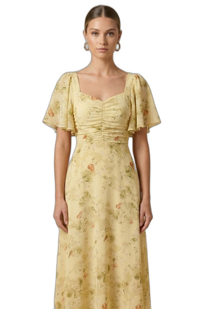 Elegant Floral Maxi Dress for Women with Square Neck Puff Sleeve Ruched Fit And Flare Formal Wedding Guest Style