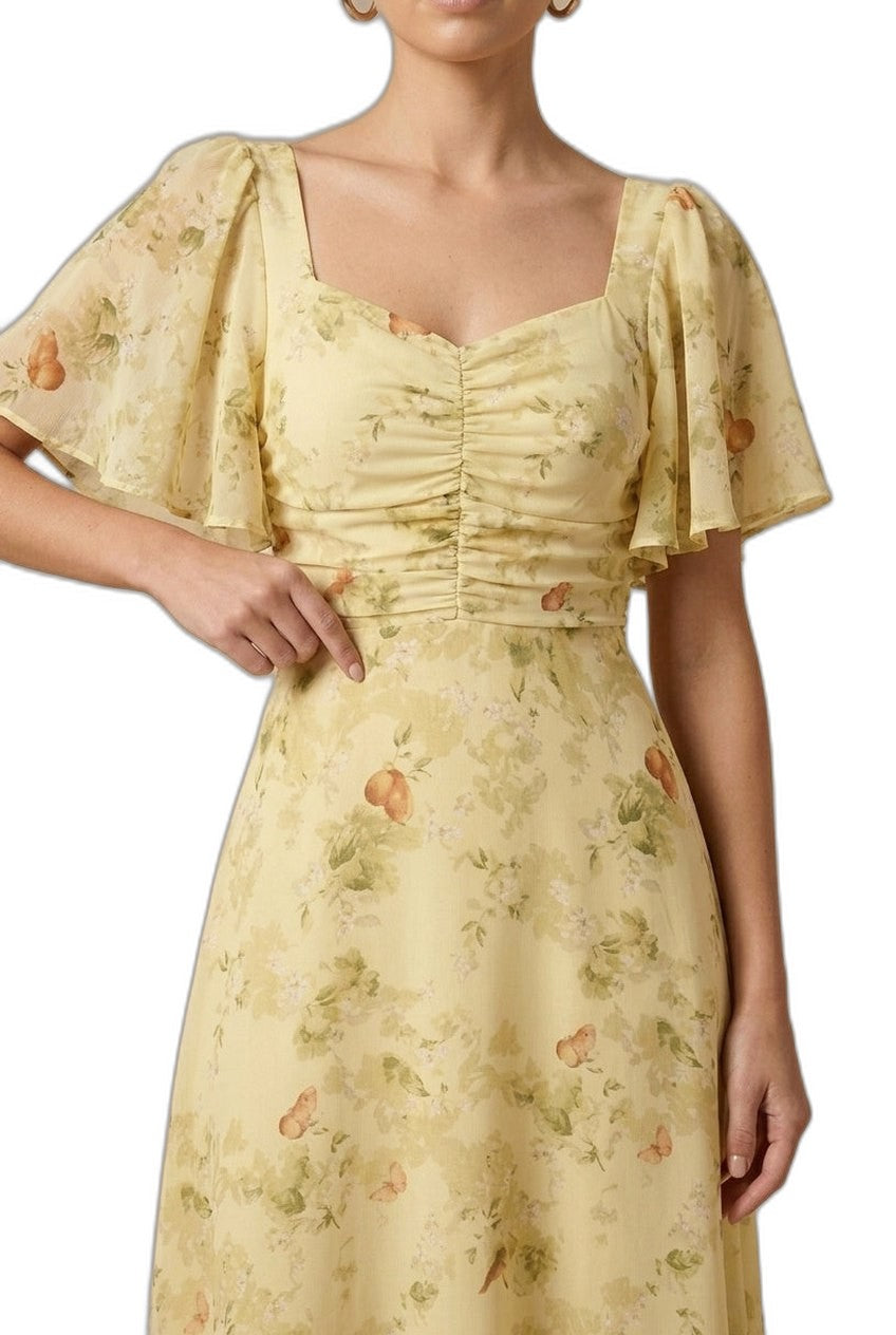 Elegant Floral Maxi Dress for Women with Square Neck Puff Sleeve Ruched Fit And Flare Formal Wedding Guest Style