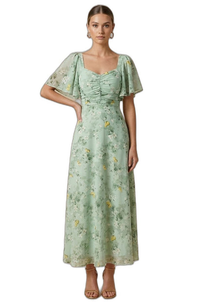 Elegant Floral Maxi Dress for Women with Square Neck Puff Sleeve Ruched Fit And Flare Formal Wedding Guest Style