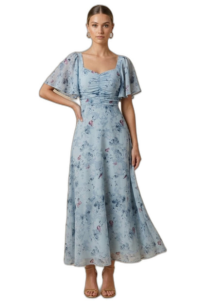 Elegant Floral Maxi Dress for Women with Square Neck Puff Sleeve Ruched Fit And Flare Formal Wedding Guest Style